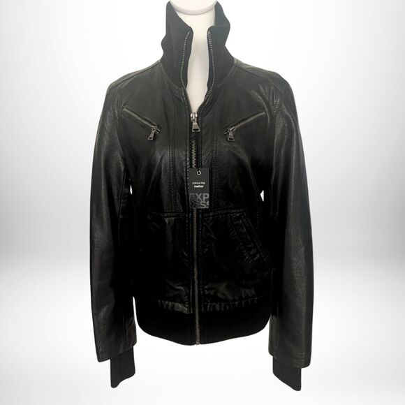 Express Black Biker Bomber Vegan Leather Jacket - Never Worn - Sz.L - Picture 1 of 5